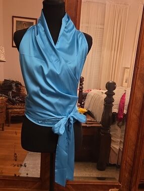 Turquoise Satin Wrap Halter Blouse